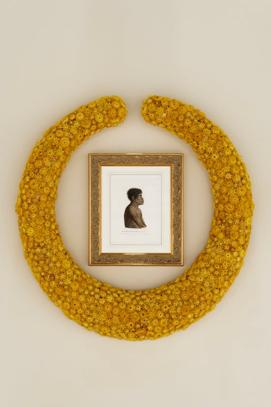 A yellow crown of dried flowers with inside a golden frame and a painted portrait of an Aboriginal person