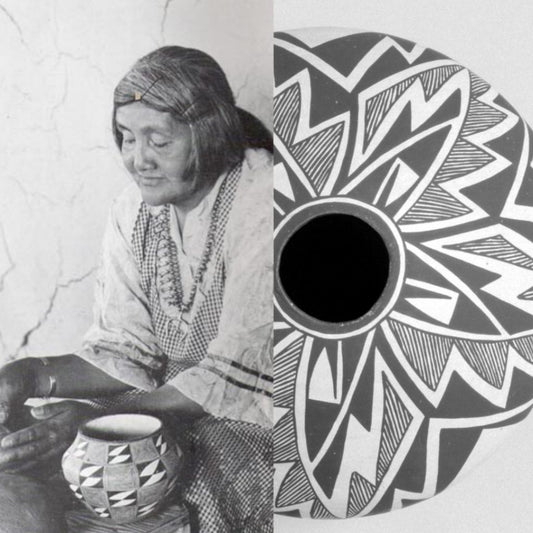 Left: Lucy M. Lewis, c. 1950. Via http://taosartschool.org/ Right: Bowl, Lucy M. Lewis (1985), New Mexico Clay, slip, 19.1 x 21.6 x 21.6 cm Brooklyn Museum 2002.64.2