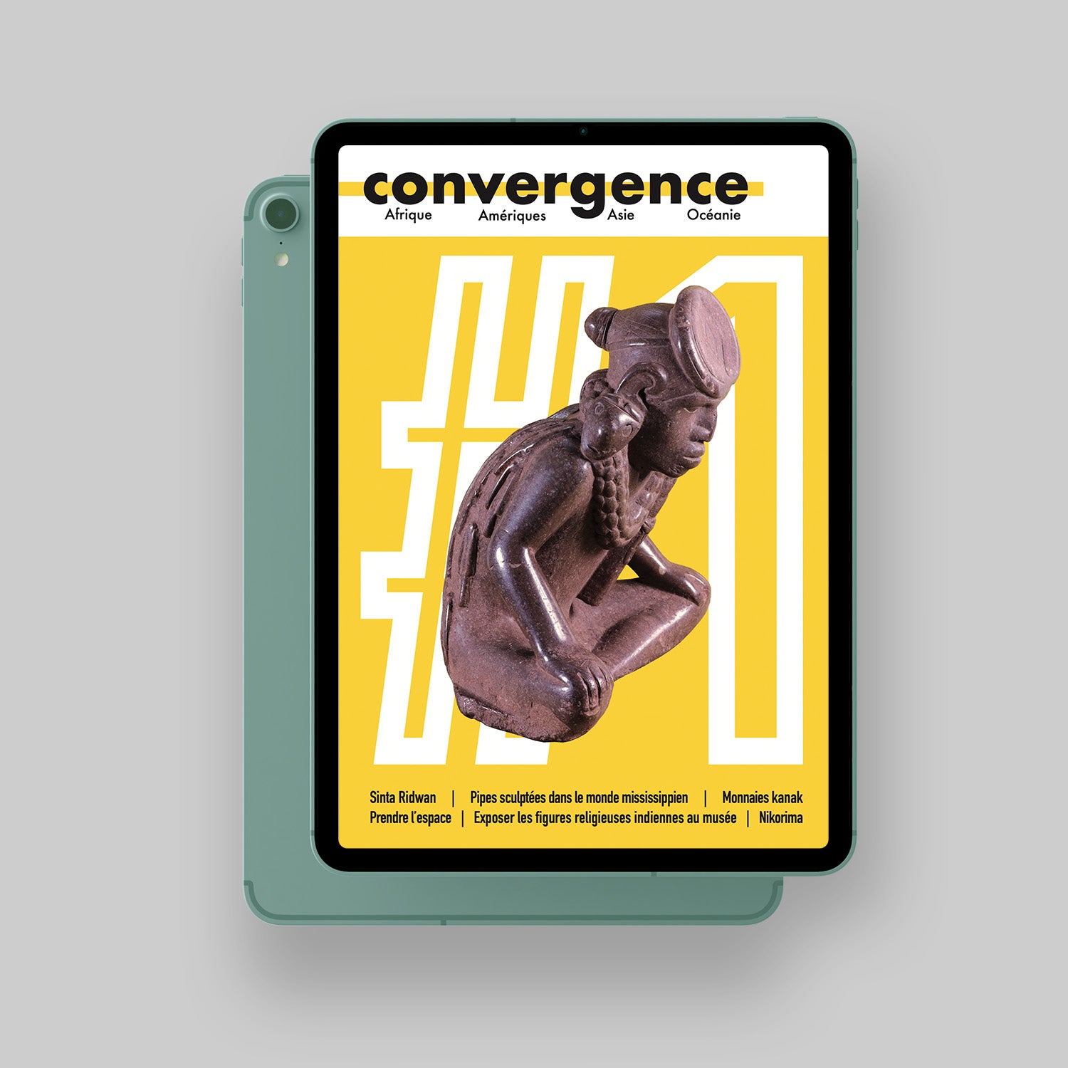 Mockup of the digital version of the first issue of Convergence Magazine, in French, on a tablet (cover)