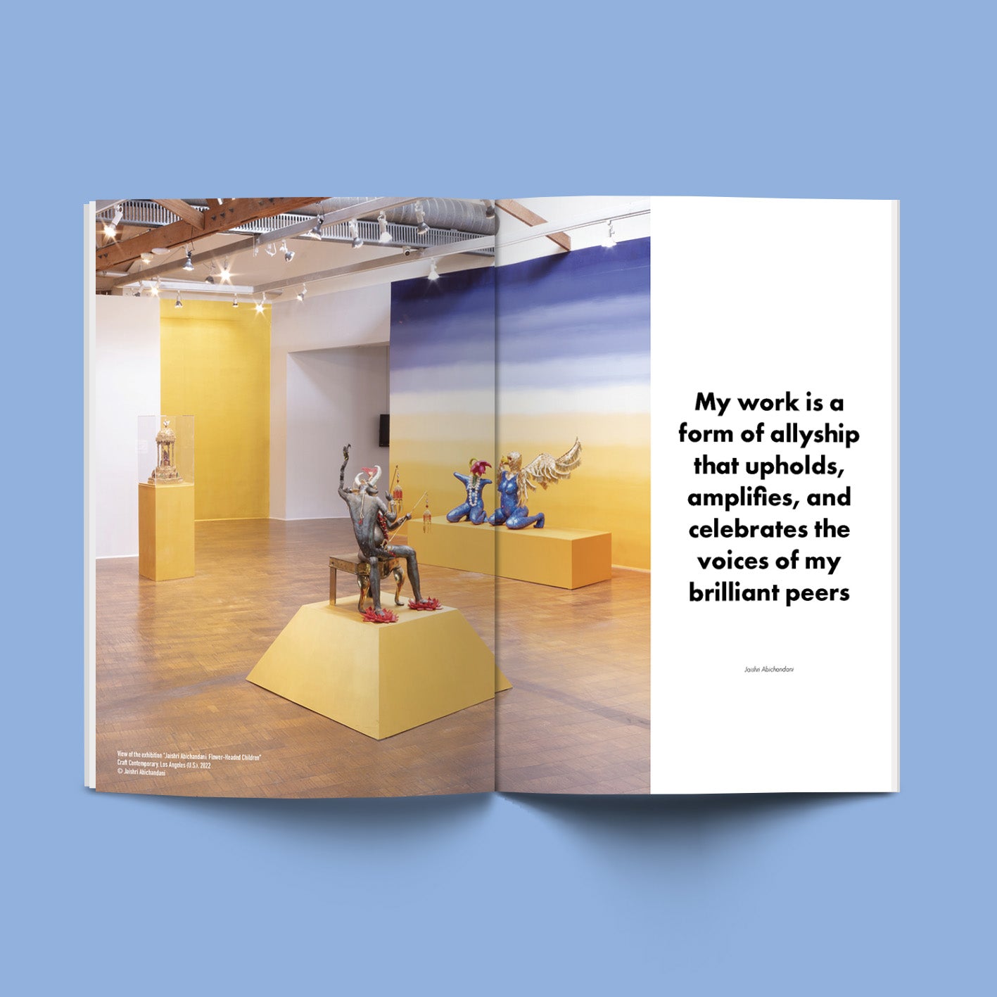 Mockup of the third issue of Convergence Magazine in French. Spread of the category "A coffee with" featuring Jaishri Abichandani. A picture of her sculptures is accompanied by a quote "My work is a form of allyship that upholds, amplifies, and celebrates the voices of my brilliant peers"