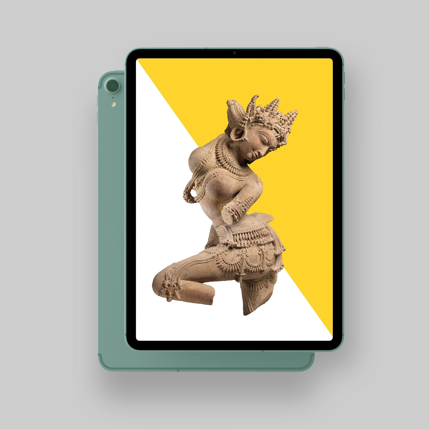 Mockup of the digital version of the first issue of Convergence Magazine, in English, on a tablet, showing an Indian medieval sculpture on a yellow and white background