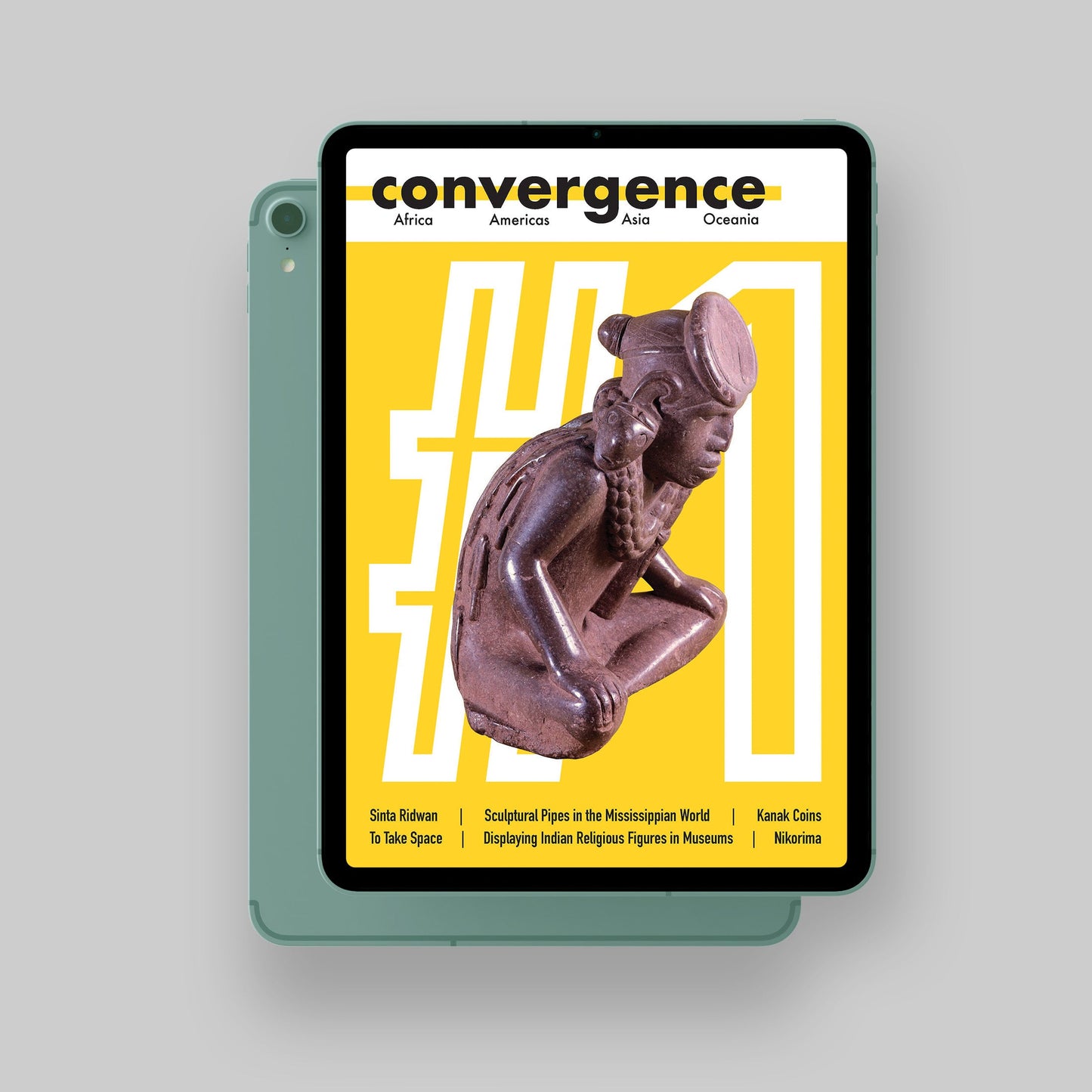 Mockup of the digital version of the first issue of Convergence Magazine, in English, on a tablet (cover)