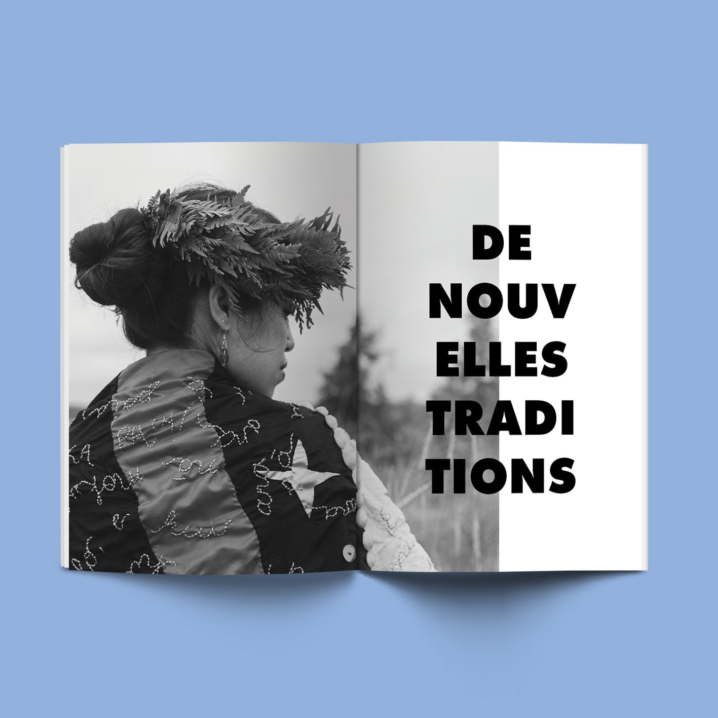 Mockup of the third issue of Convergence Magazine in French. Title page of "De nouvelle traditions" featuring Lehuauakea, Kanaka Maoli artist in a black and white portrait.