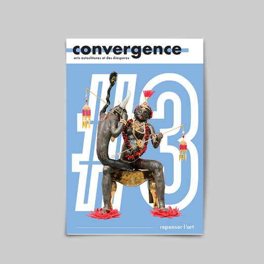 Mockup of the third issue of Convergence Magazine in French. "Endgame" by Jaishri Abichandani, a sculpture of a woman fighting a buffalo demon, is on the blue cover.
