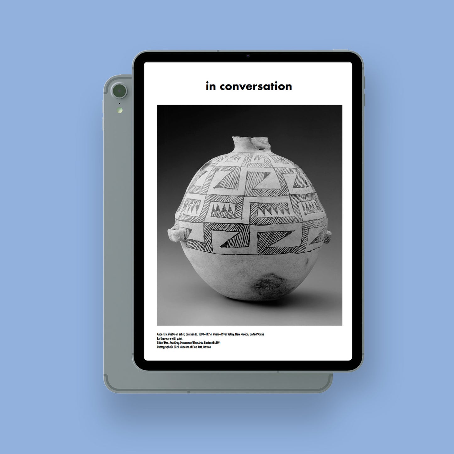 Mockup of a tablet with the digital version of Convergence #3. "in conversation" title page with an Ancestral Pueblo ceramic from the MFA Boston