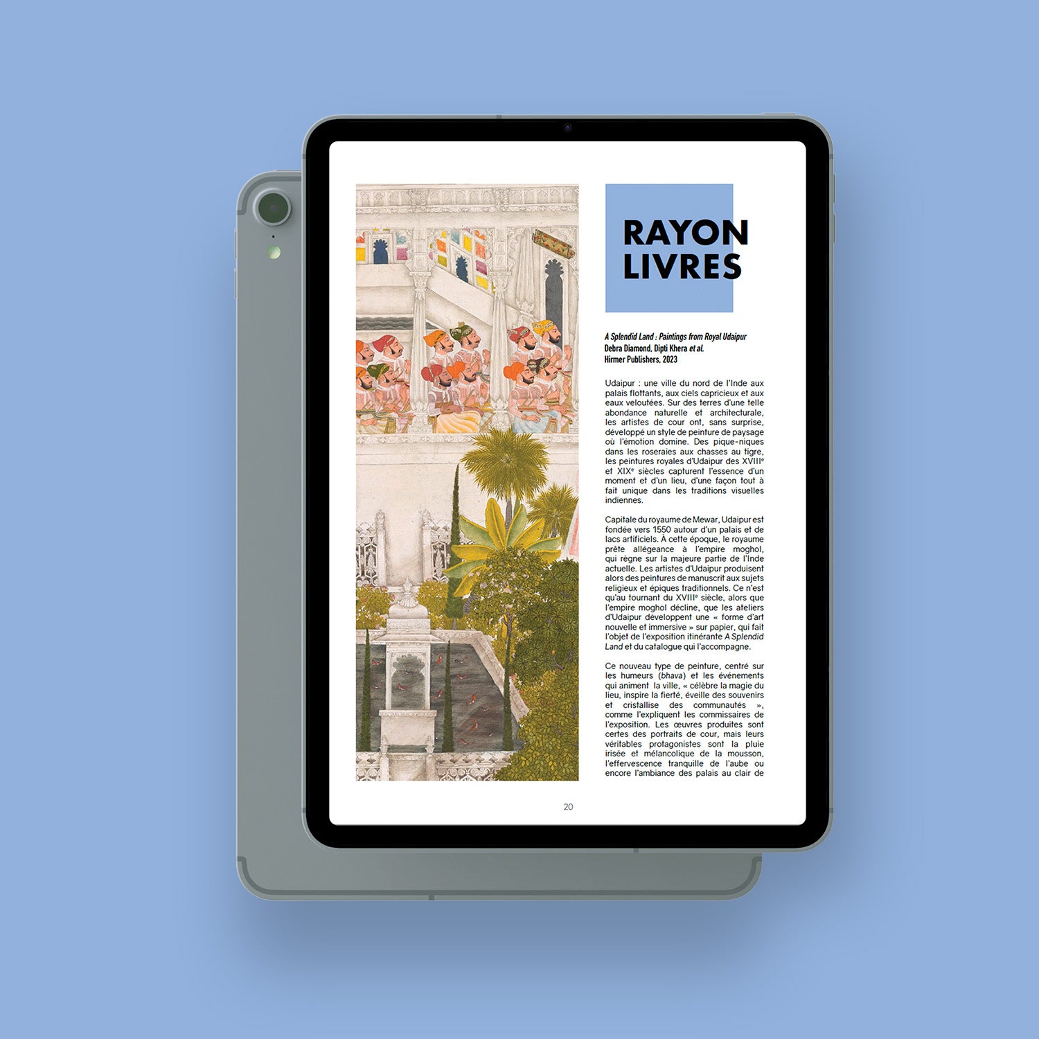 Mockup of a tablet with the digital version of Convergence Magazine. Title page of "rayon livres" featuring A Splendid Land: Paintings from Royal Udaipur